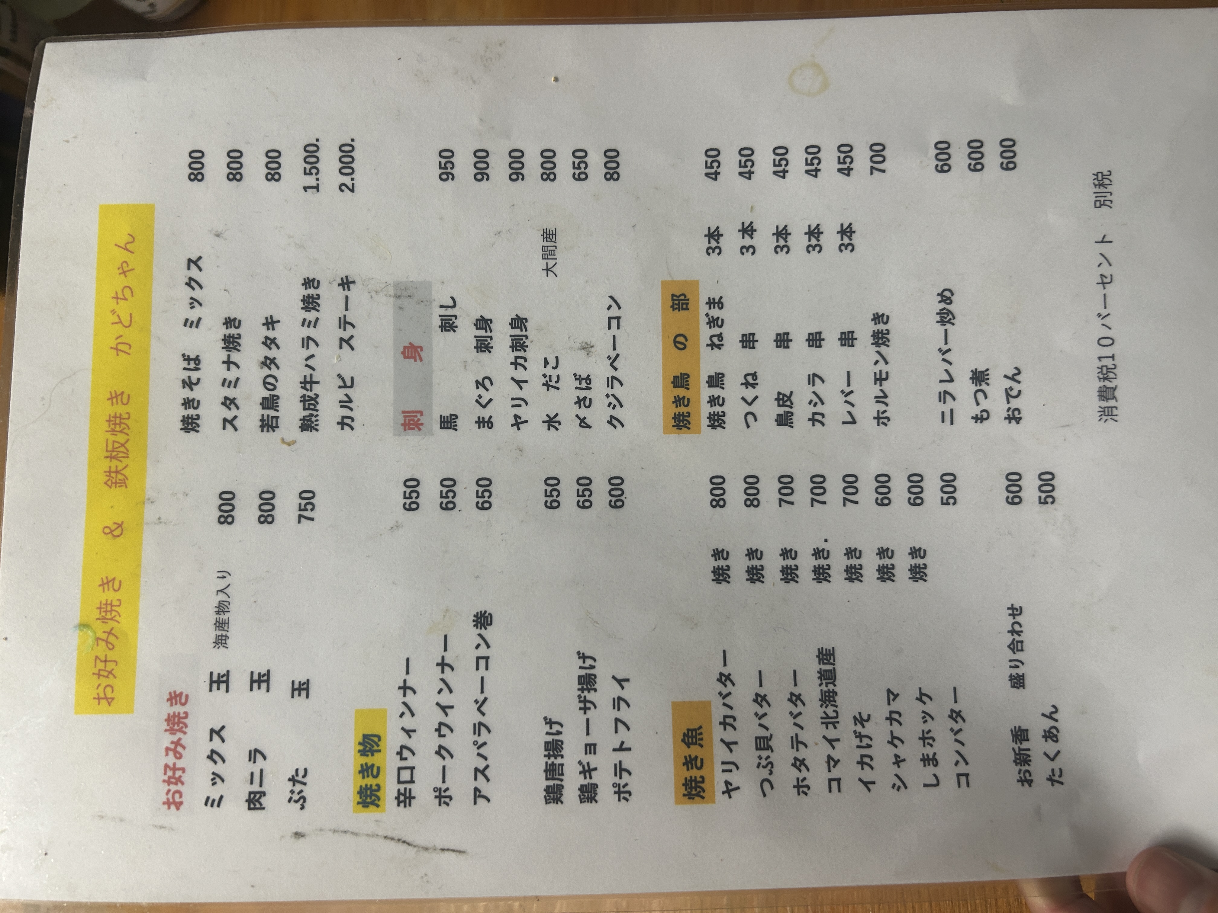 かどちゃんのメニュー表